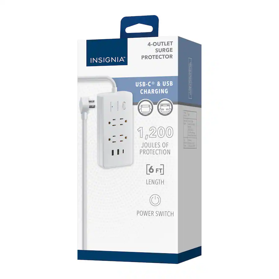 Insignia™ - 4-Outlet / 1-USB-C / 2-USB 1,200 Joules Surge Protector Strip