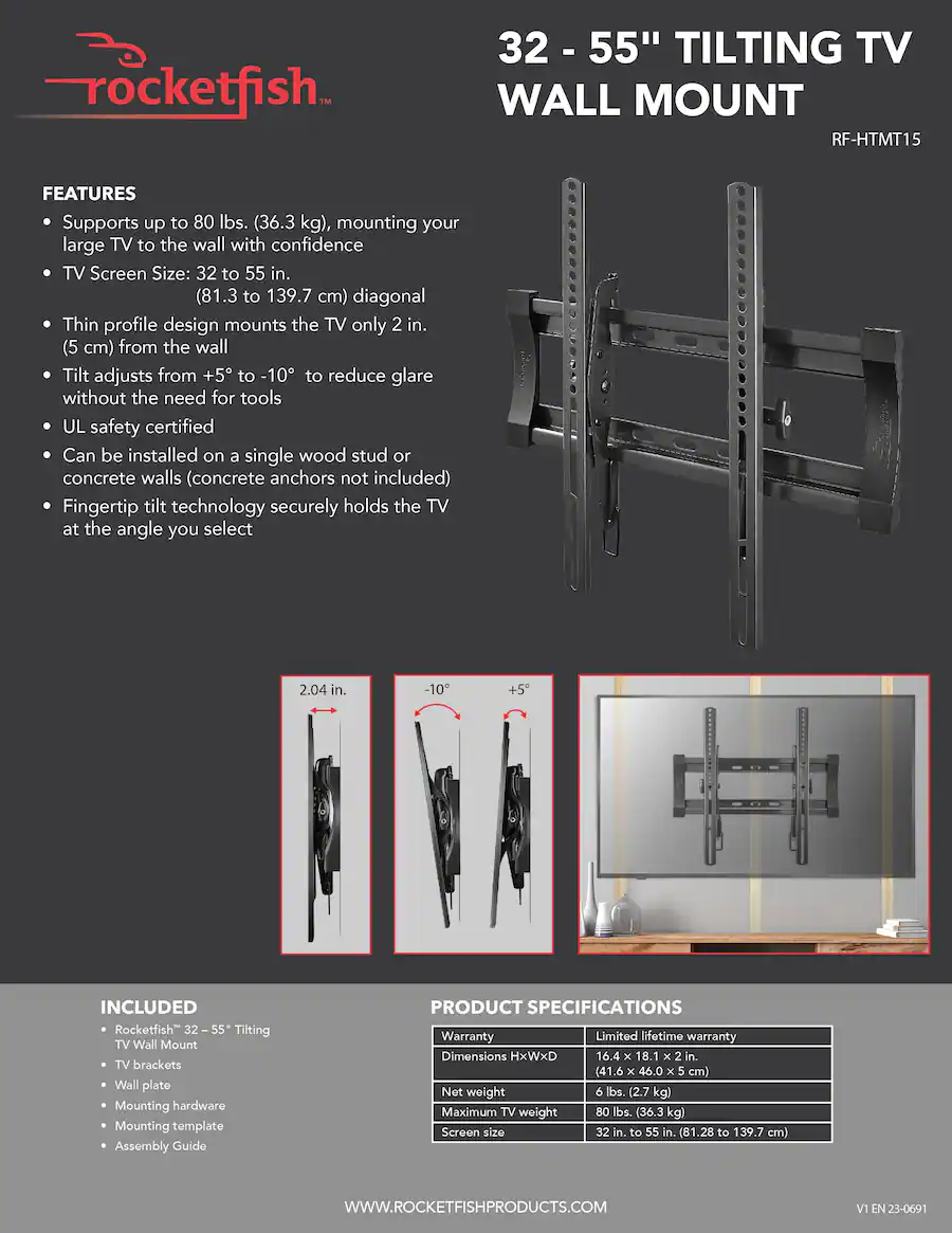 Rocketfish™ - Tilting TV Wall Mount for Most 32"-55" TVs - Black