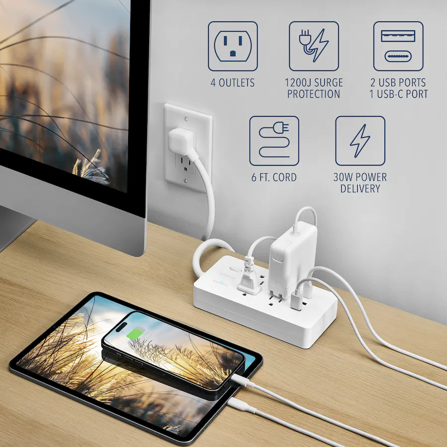 Insignia™ - 4-Outlet / 1-USB-C / 2-USB 1,200 Joules Surge Protector Strip