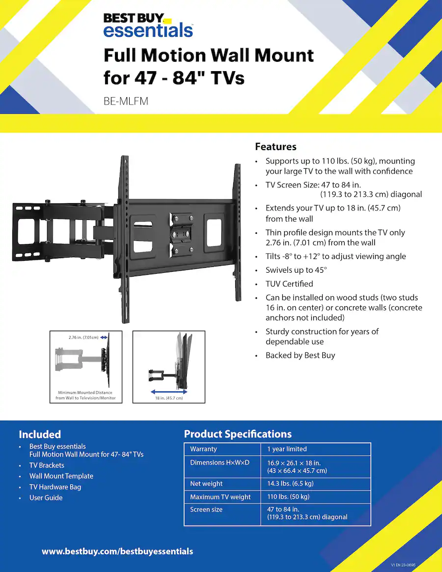 Best Buy essentials™ - Full Motion TV Wall Mount for 47–84" TVs - Black